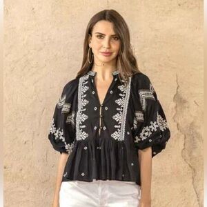 Scarlett Poppies I AM YOUR TRIBE Embroidered Onyx Black Button Blouse